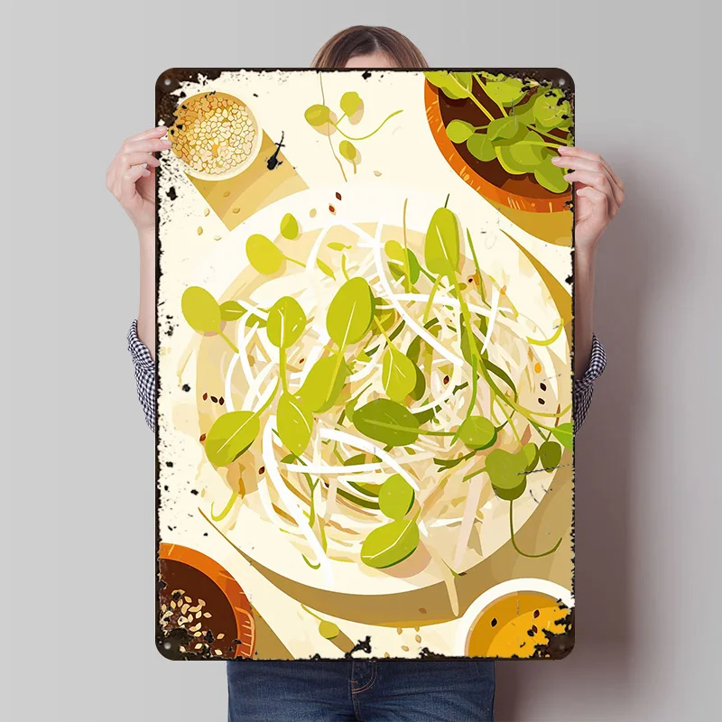 Frischer Salat mit Sprossen und Samen, Metallposter, Blechschilder, Wandkunst, Schlafzimmerdekoration, Zimmer, individuelles Metallschild für Heimdekoration