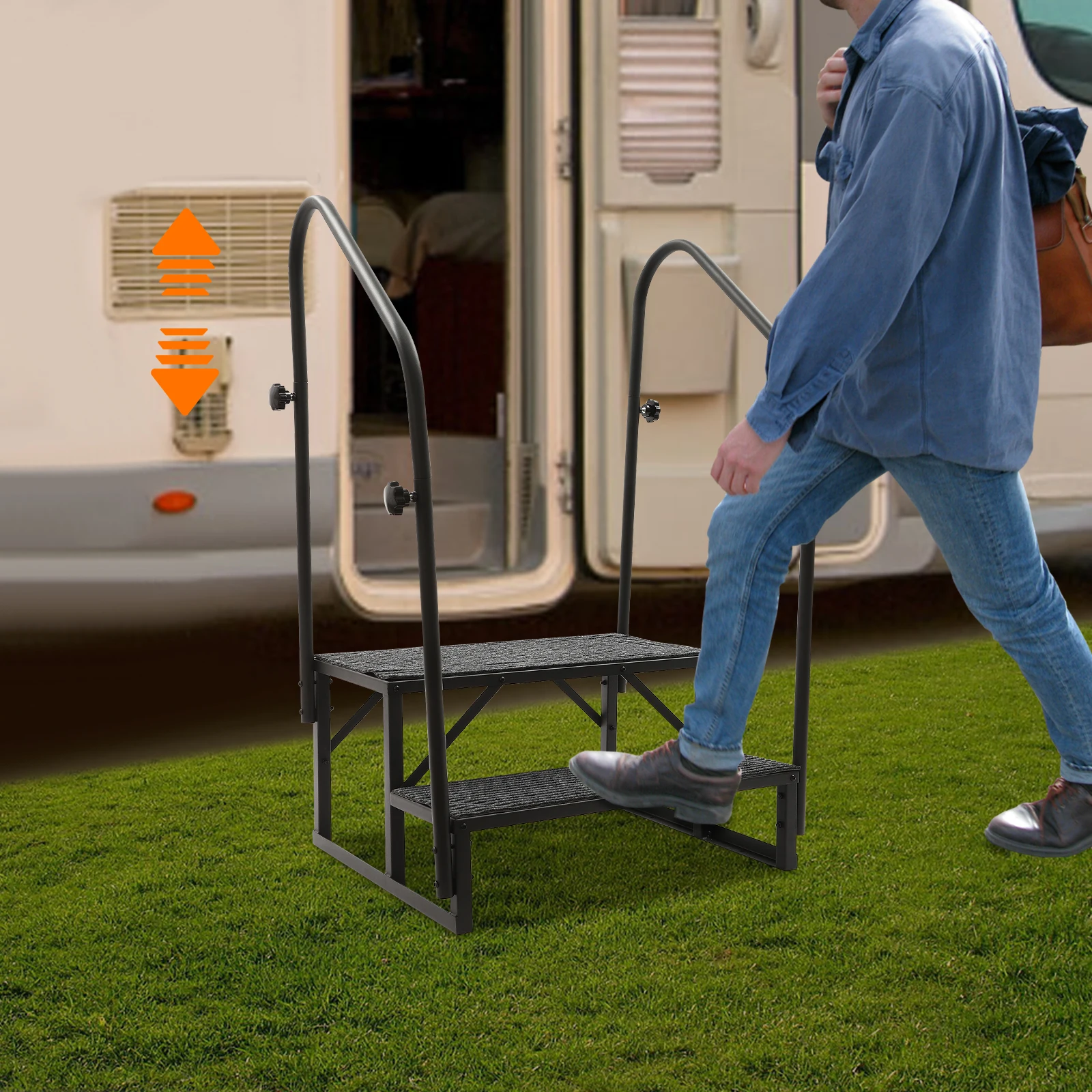 Marches d'escalier en 2 étapes avec polymères coordonnants, marches d'escalier avec main courante, marches d'escalier pour la maison, porche de camping-car