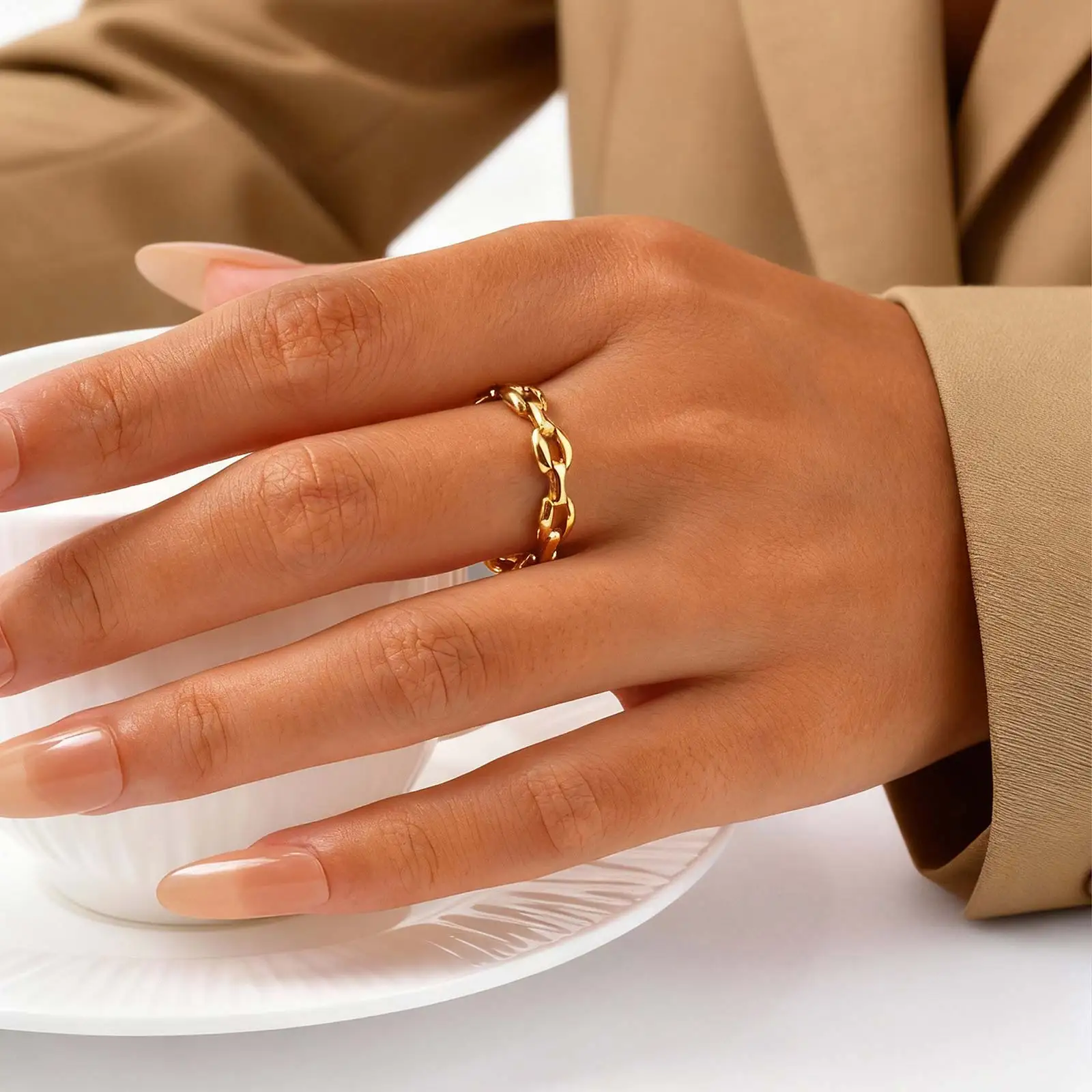 Anel de corrente de pulseira simples para mulheres, anéis de relógio de aço inoxidável minimalista de cor dourada, presente de joias finas