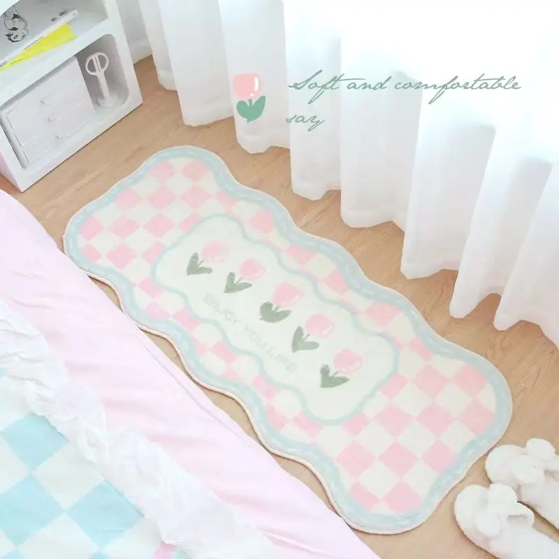 Pink Lattice Carpet for Bedroom Cute Cartoon Plaid Plush Children Bedside Rug Home Decoration Living Room Floral Fluffy Mat