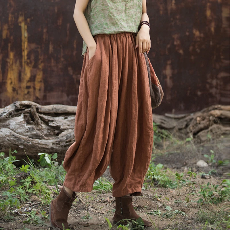 

High Quality Cotton Linen Harem Pants Women New 2025 Spring Vintage Plain Color Loose Female Ankle-length Casual Pants M628