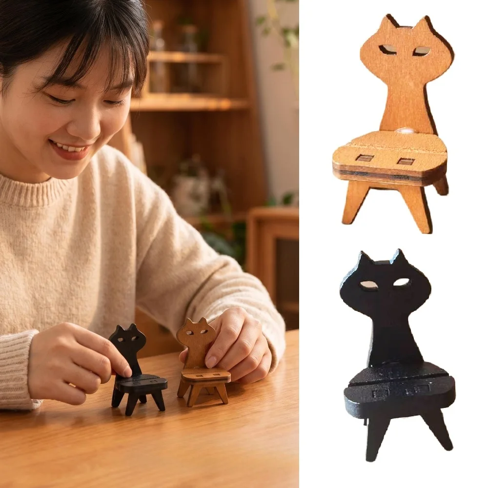 2PCS Cute Cat Wooden Desk Phone Stand Holder, Aesthetic Mini Chair Phone Seat Accessory, Novelty Gift Decorative Desk Ornament