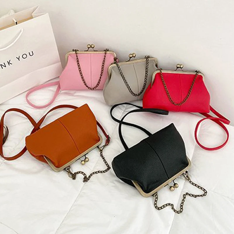 Vintage Soft Skin Shell Bag New Lychee Pattern Handbag Simple And Versatile Shoulder Bag Clip Chain Crossbody Women's Bag
