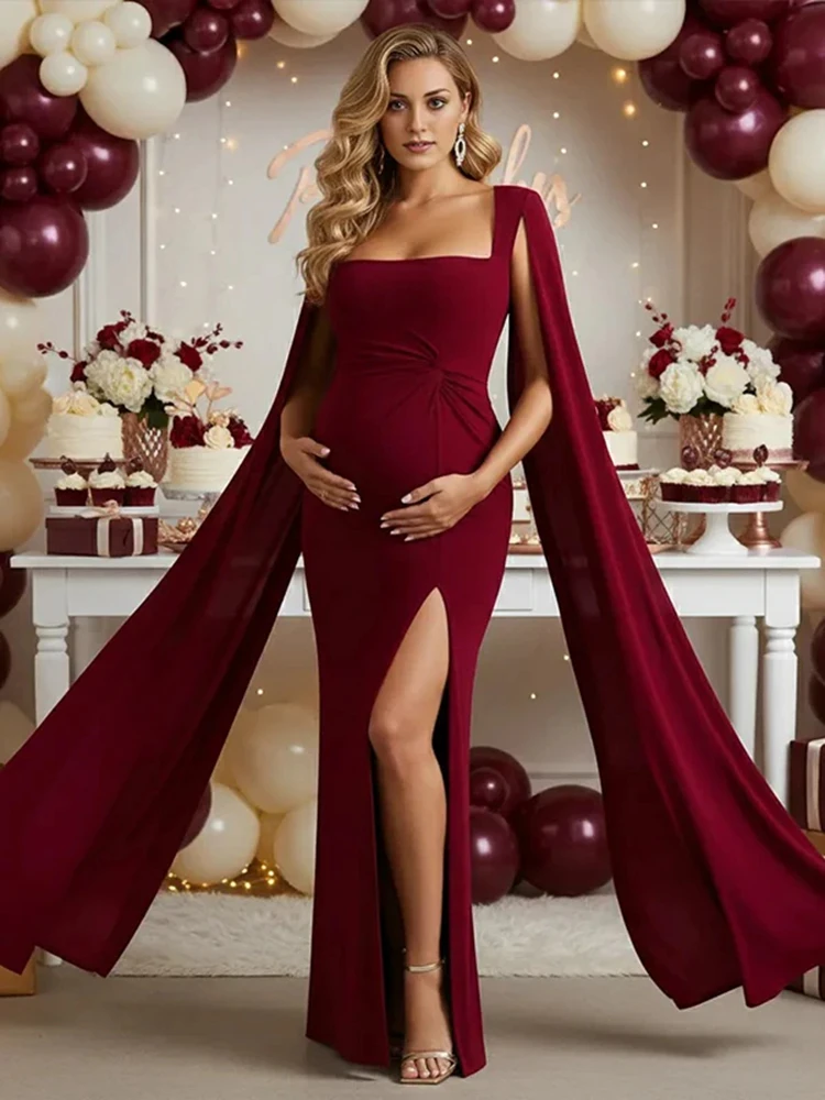 Maternity Cape Dress Off Shoulder Square Neck Ruched Split Long Gown Burgundy Black Elegant Pregnancy Photo Outfit Baby Shower