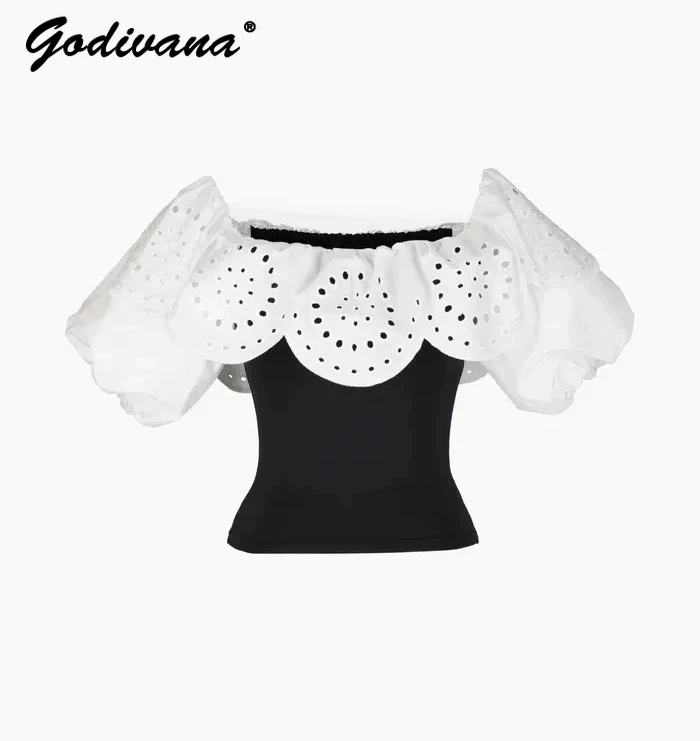 

Новые японские женские элегантные короткие топы с открытыми плечами и рюшами, женские тонкие укороченные топы с пышными рукавами, блузки