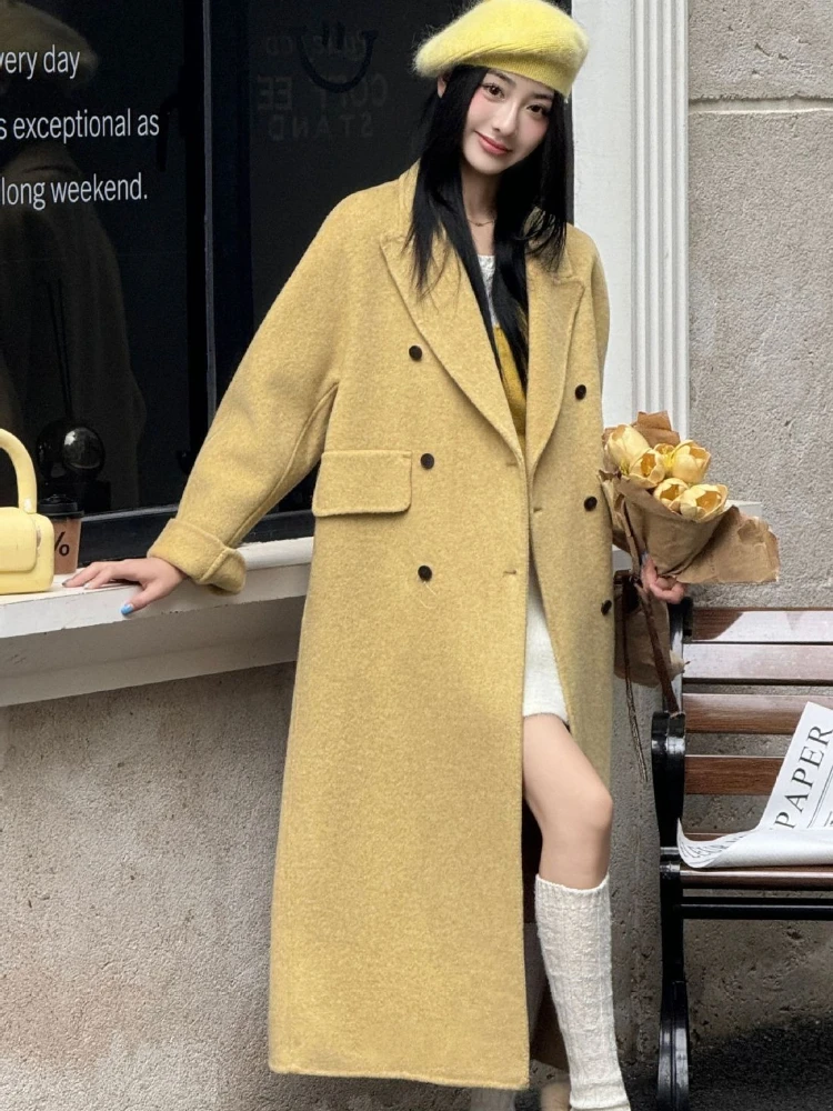 مكتب سيدة السترات الصوفية 2025 الخريف والشتاء دعوى طوق مزدوجة الصدر فضفاضة معطف طويل المرأة 100% الصوف معاطف أبلى #2