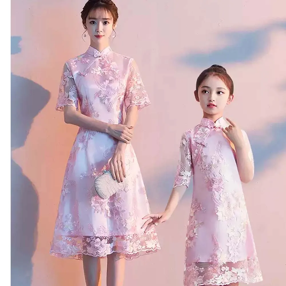 mother kids dress pink Chinese style mother daughter dresses family matching outfits party dress Family look 2026 Girl clothes