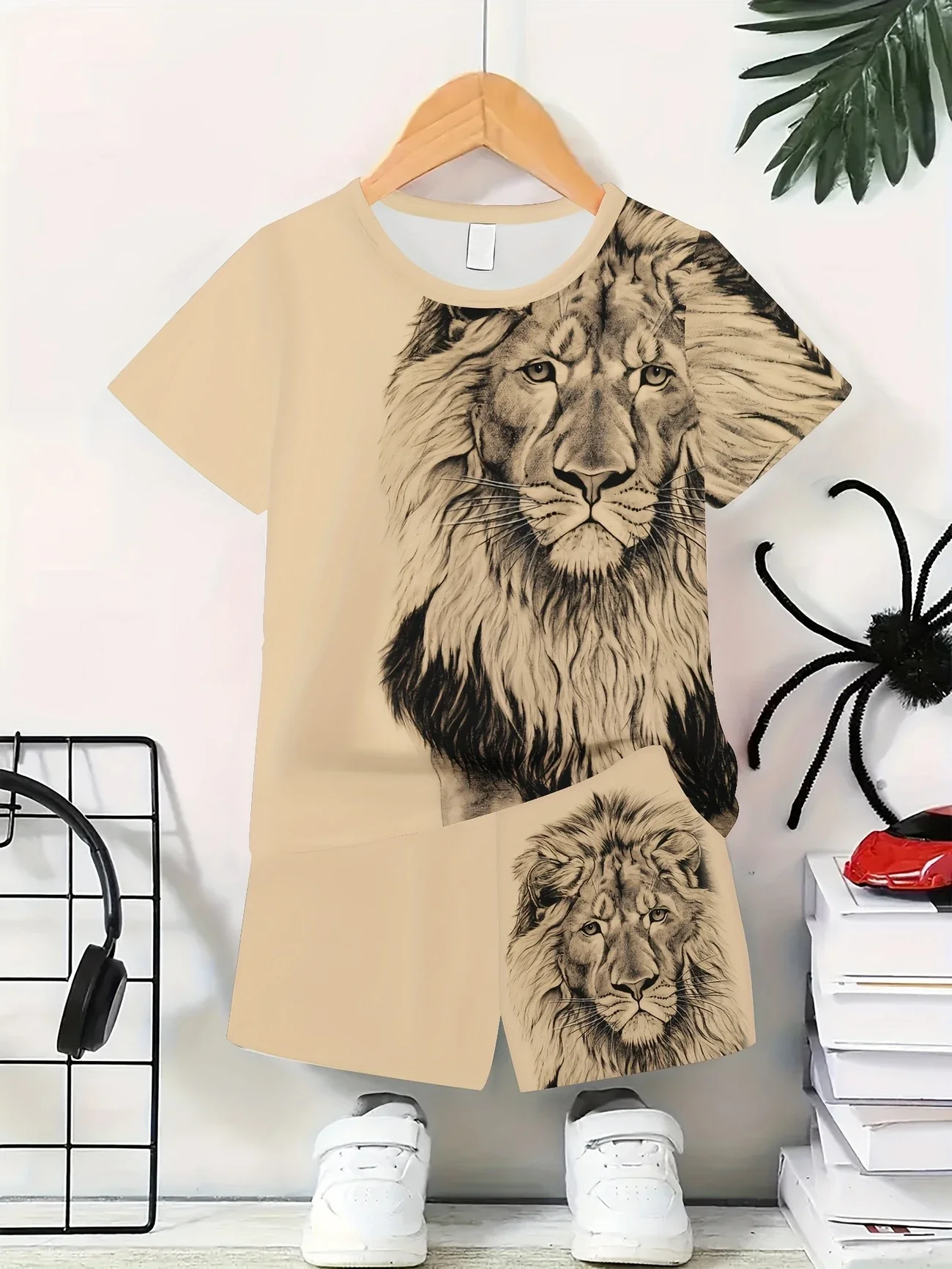 2025 Fashion New Black Cartoon Lion Pattern 3D Printed Top, Short Sleeved Shorts Two-piece Set Suitable for Outdoor Wear