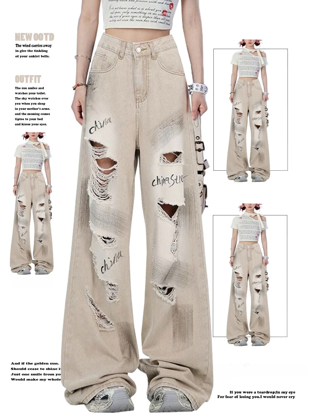 

American Vibe Retro High Street Graffiti Hole Denim Jeans Women Summer High Waist Straight Leg Wide Leg Floor Length Pants