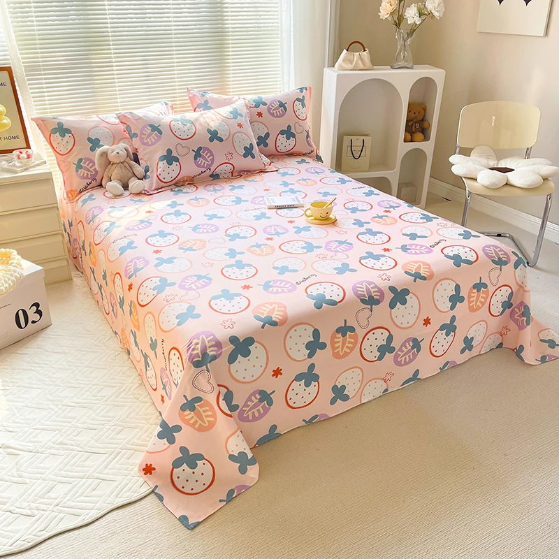 Kawaii sprei datar stroberi dengan 2 sarung bantal, Set seprai katun merah muda ukuran Queen, sarung tempat tidur buah lucu gaya rumah pertanian