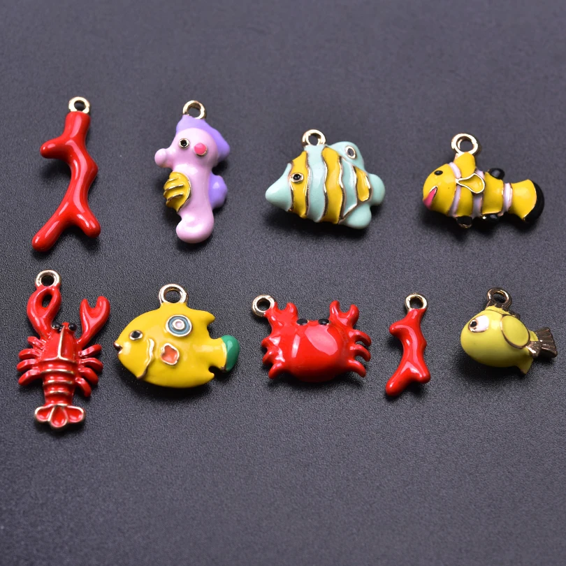 3pcs/9pcs/lot Marine Animal Coral Tree Pendants Charms Seahorse Tropical Clown Fish Lobster Crab Pendant Jewelry Making Findings