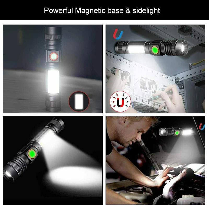 Powerful LED Flashlight Mini Magnetic High Power Tactical Torch 4 Mode USB Rechargeable Camping Lantern Use 18350 Battery