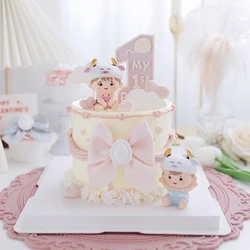 1st 100 days Cow baby Girl Boy Blue Pink Hairball balloon Cake Topper for Party Cake Decorating Dessert Cute Gifts