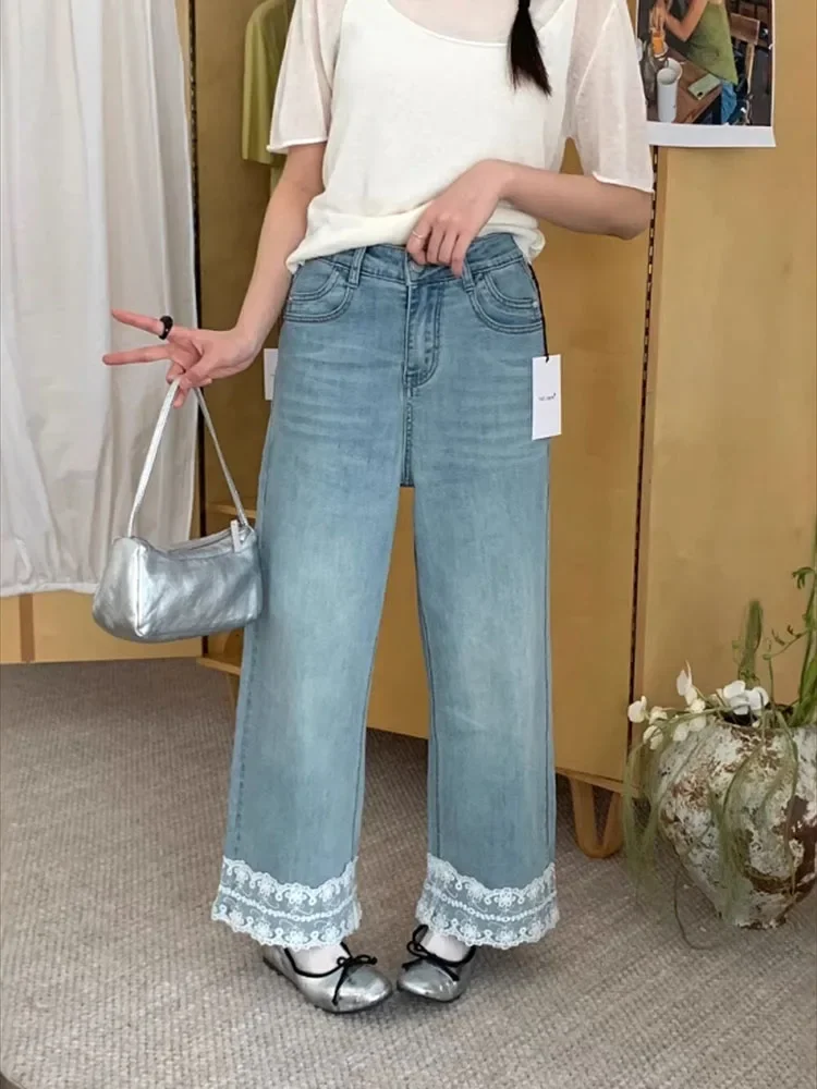 

Retro patchwork lace wide leg jeans for women summer loose fit slimming comfort nine quarter straight leg pants
