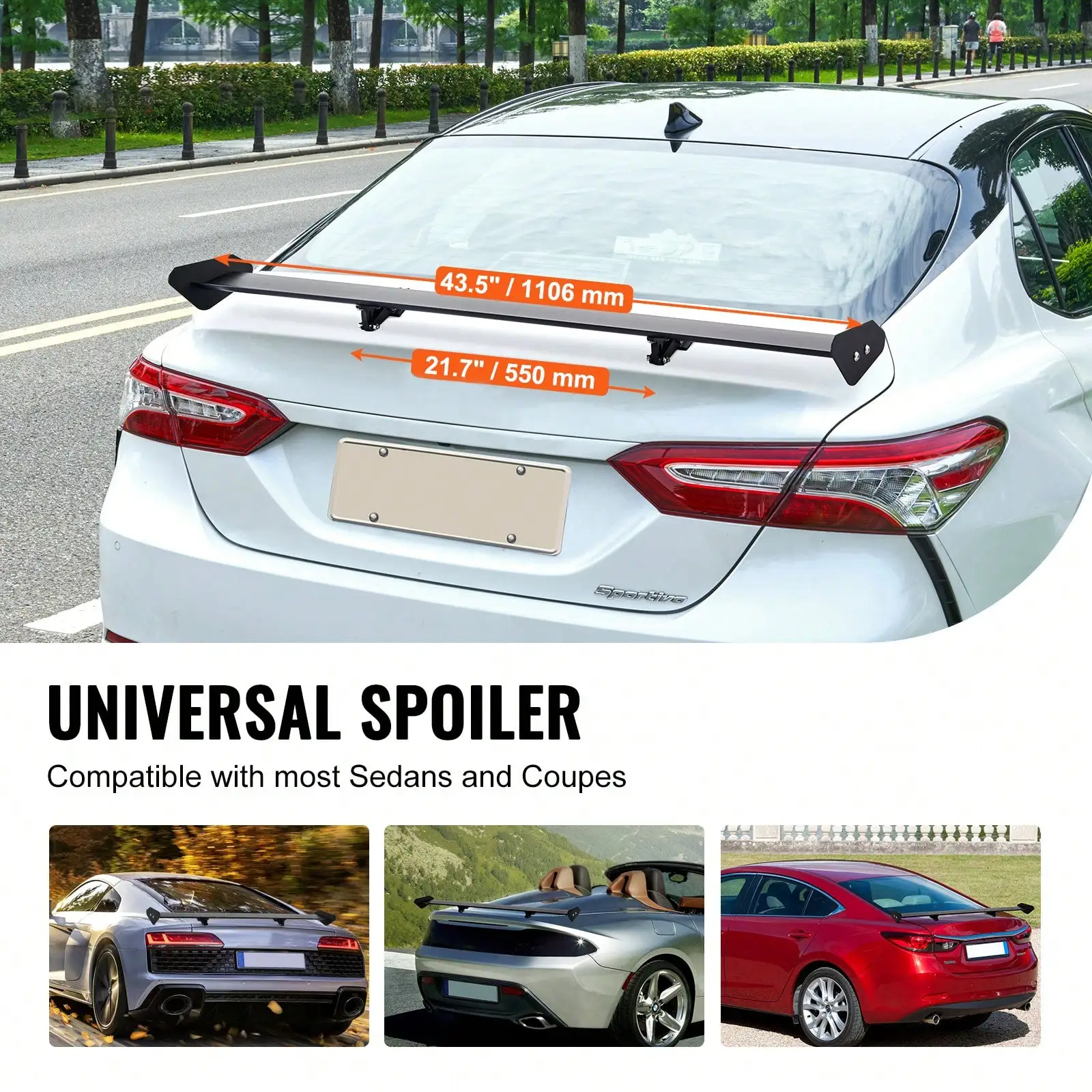 GT Wing Car Spoiler, 43.3/46.3/53.1 Inch Universal Spoiler With Single Deck Short/Long Bracket Side Wing With/Without Holes , Adjustable Lightweight Aluminum, Car Rear Spoiler Wing, Racing Spoiler BGW/JDM Drift Black