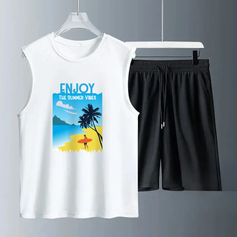 

2025 синий пляжный принт, крутой повседневный мужской летний комплект без рукавов, мягкая ткань, свободный крой, удобные костюмы, мужская спортивная одежда