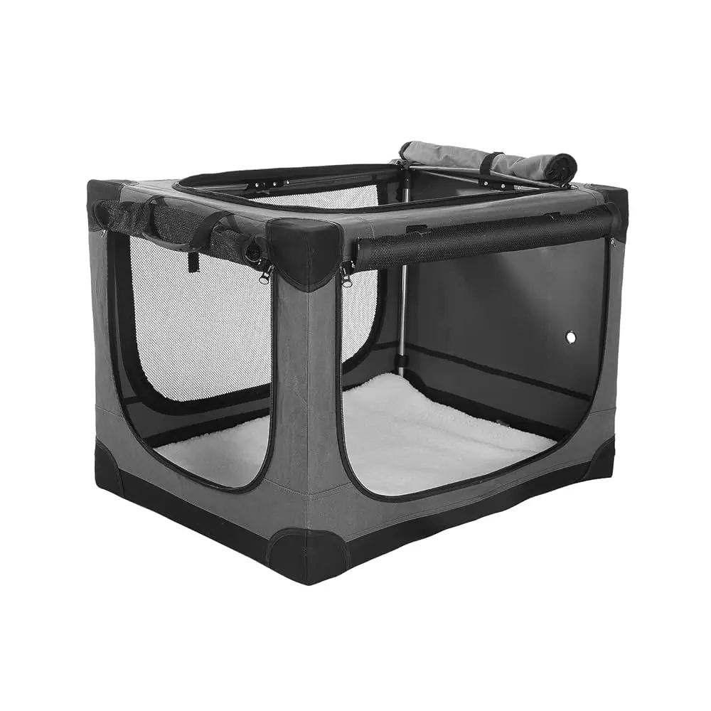 

42-Inch Collapsible Travel Dog Crate, Portable 4-Door Soft Kennel For Medium To Large Dogs, Chew-Proof Mesh Windows,