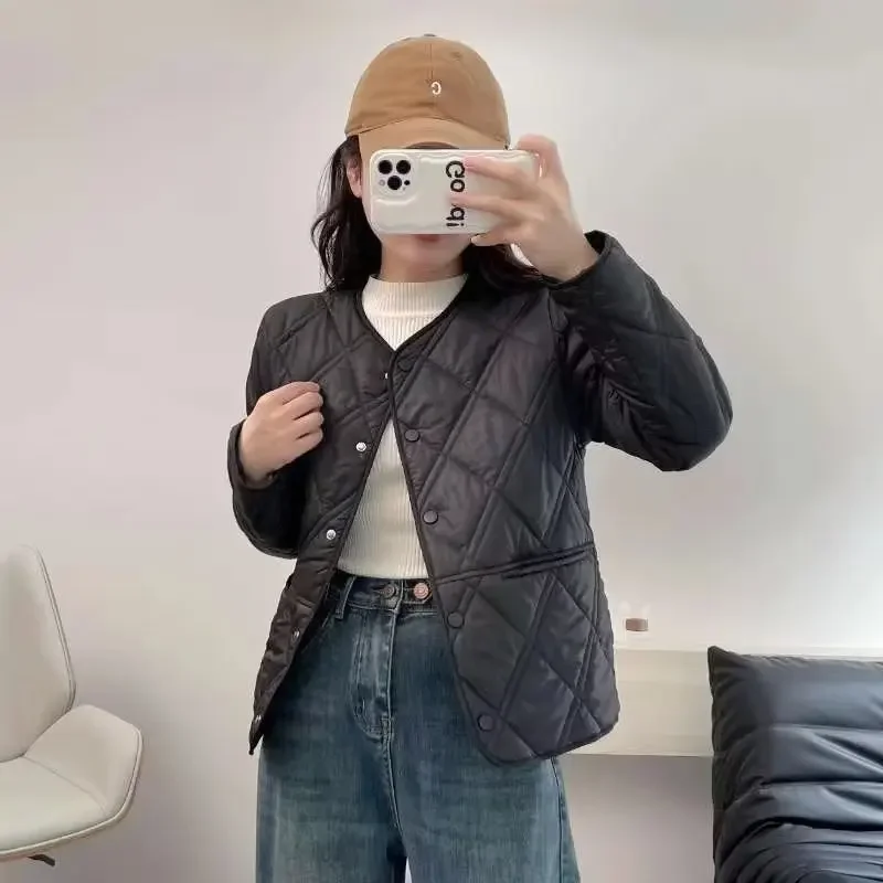 Spring Autumn Slimming Rhombus Grid Round Neck Long Sleeves Single Breasted Solid Light Jacket Short Eider Warm Women Clothing