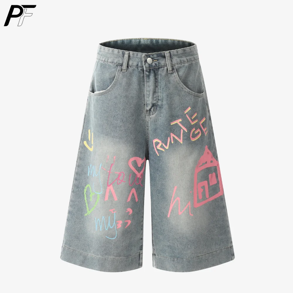 

Y2K Graffiti Print Baggy Denim Bermuda Shorts Vintage Washed Wide Leg Capri pants Streetwear Knee-Length Hip Hop Shorts Summer