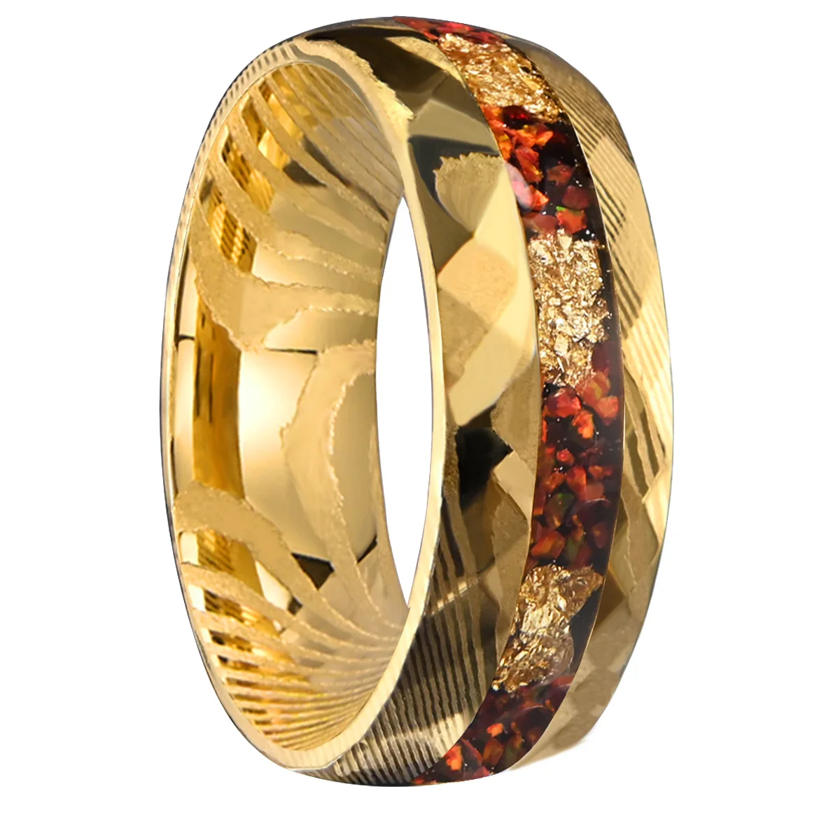 

European and American Damascus steel rings, electric gold inlaid with gold foil, red opal Malaysian rings