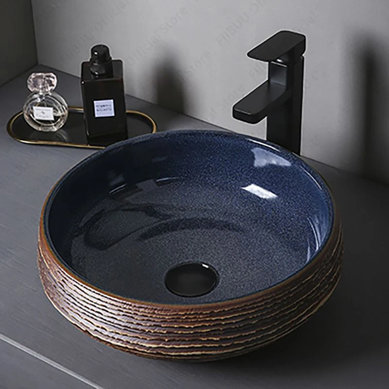 

Round Navy Blue And Brown Ceramic Vessel Sink Carved Texture Lavatory Above Counter Art Basin Vanity Sink For Balcony Apartment