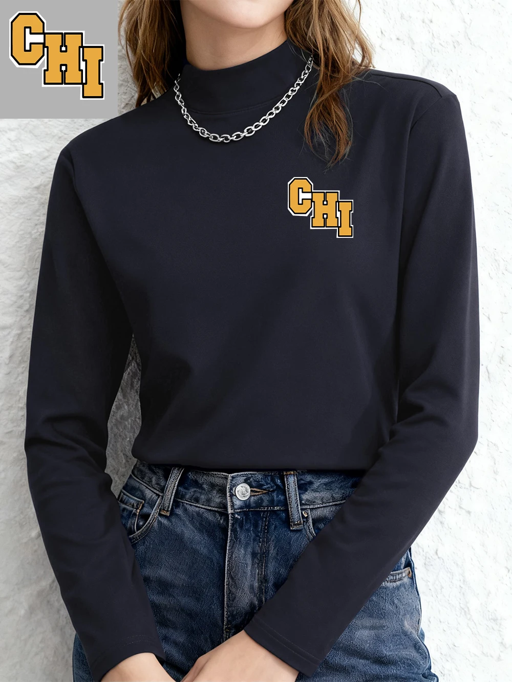 شيكاغو رسالة تشي مطبوعة تي شيرت المرأة الخريف طويلة الأكمام قاع قميص سليم صالح الدافئة نصف الياقة المدورة القمم الملابس الأساسية #2