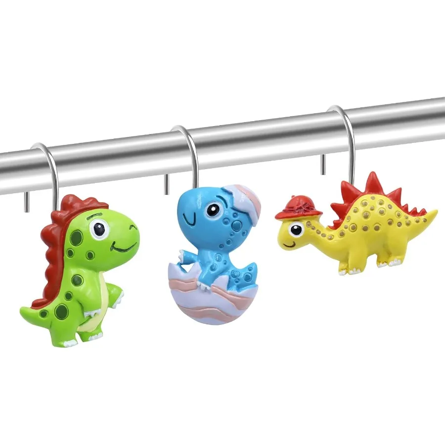 

Крючки для занавески для душа с динозавром, декоративные красочные милые забавные кольца для душа Dino TRex для декора ванной комнаты Dino, вешалки из смолы для мальчиков