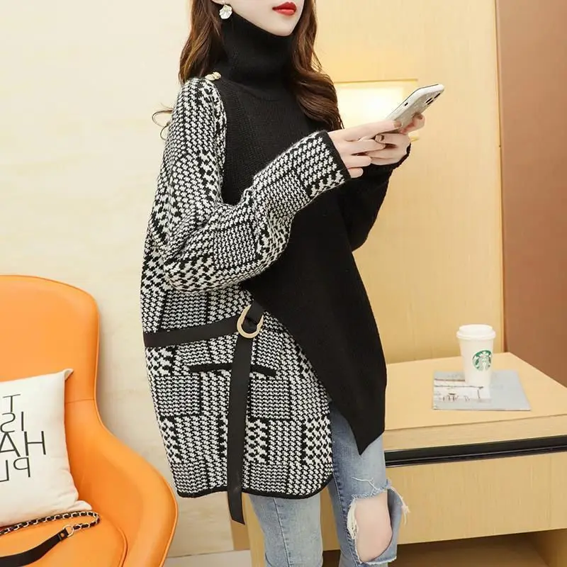 

Design sense splicing fake two piece high neck sweater for women autumn and winter 2023 loose long sleeve knitted sweater female