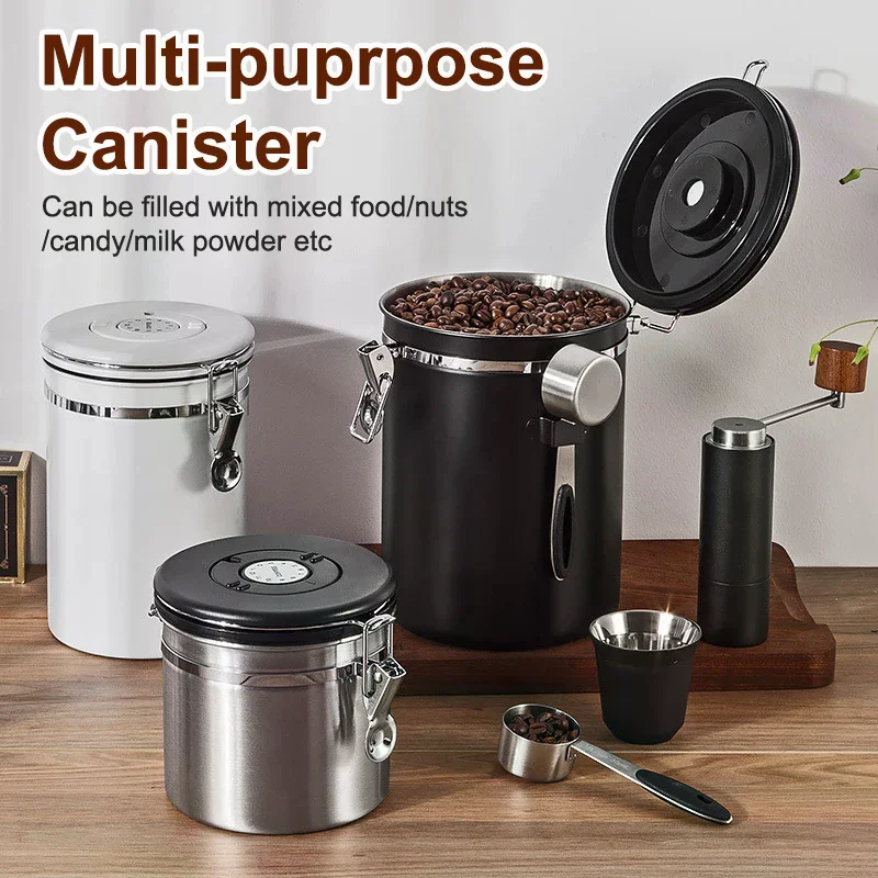 1.2 1.5 1.8L Coffee Bean Jar Airtight Canister Sealed Stainless Steel With Spoon One Way Valve Cannister Coffee Storage Kitchen view 3