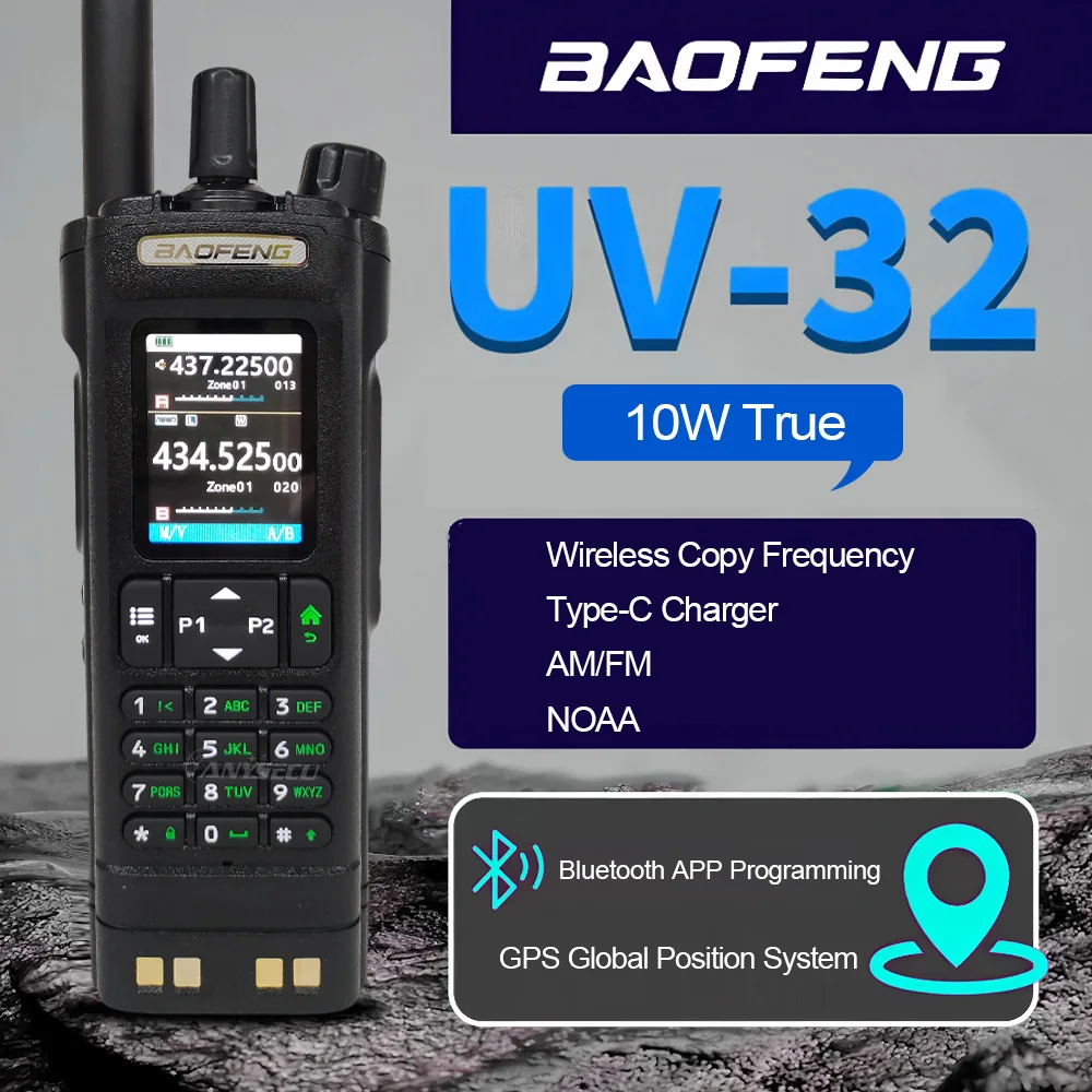 Baofeng UV32 أسود GPS 10W متعدد الموجات تردد نسخ لاسلكي لبرمجة بلوتوث طويلة المدى هام راديو اتجاهين