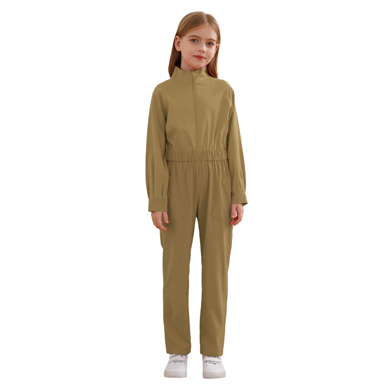 

New Kids Girls Zipper Coverall Jumpsuit Casual Clothes Solid Color Long Sleeve Stand Collar Elastic Waist Rompers with Pockets