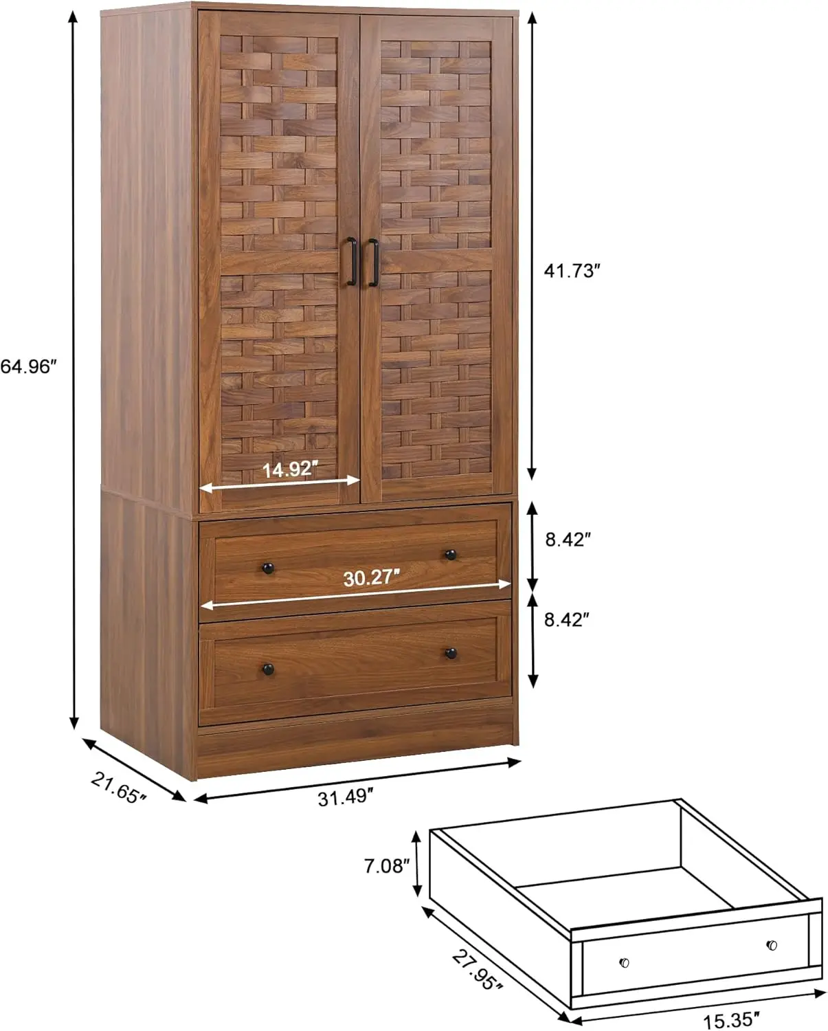 Closet with 2 Woven Doors, Wardrobe Cabinet with Storage Drawers and Hanging Rail, Freestanding Closets