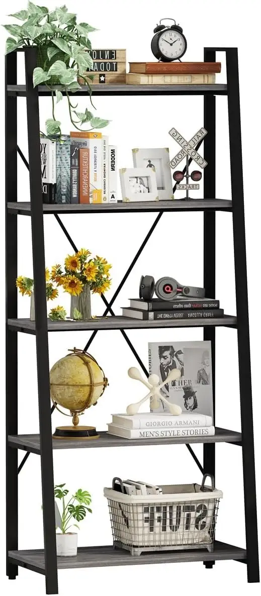 BON AUGURE 5-Tier Ladder Shelf, Industrial Leaning Bookcase, Wood and Metal Ladder Bookshelf for Living Room, Bedroom