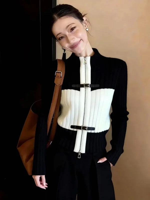 

Модный роскошный черный вязаный кардиган свободного кроя для женщин, осенняя новинка, повседневный элегантный топ с длинными рукавами на молнии