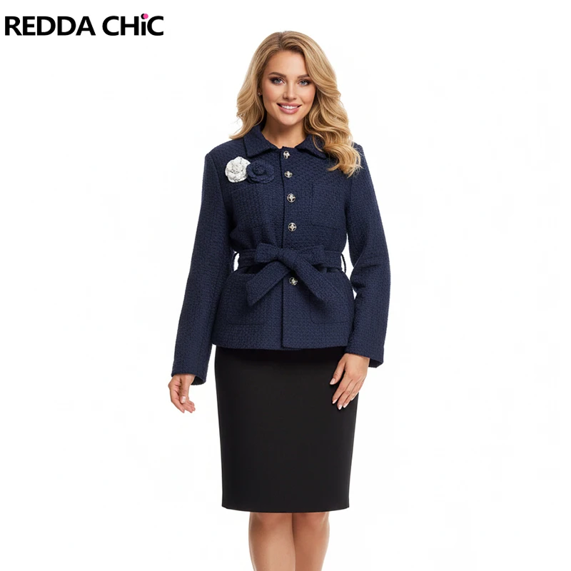 

REDDACHiC женская брошь в виде цветка, твидовая куртка с поясом, пуговицами, лацканами, длинными рукавами, карманами, укороченное пальто, повседневная элегантная верхняя одежда