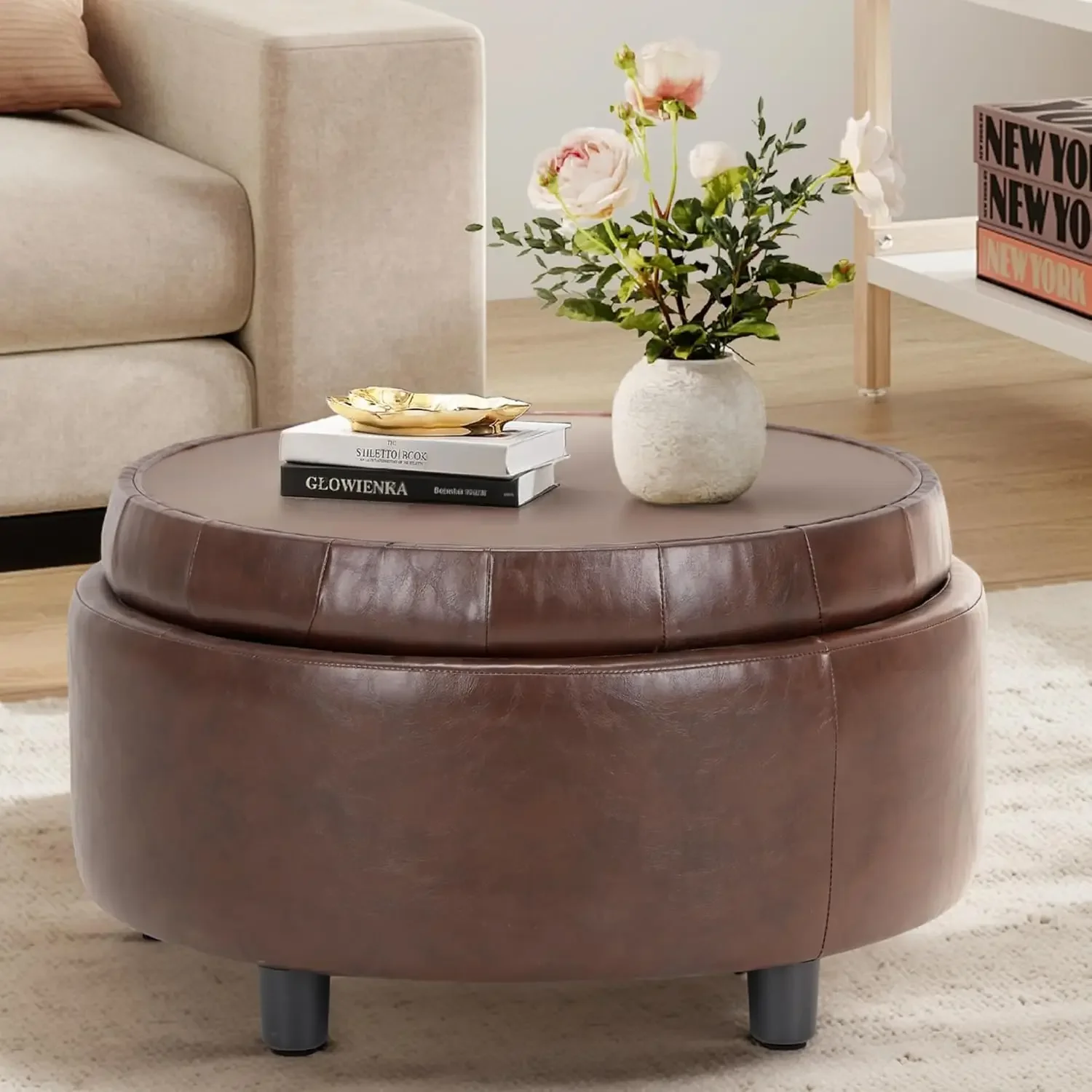 

Round Leather Storage Ottoman with Reversible Tray Lid – Multi-Functional Footrest, Hidden Storage,Sturdy & Stylish Small(Brown)