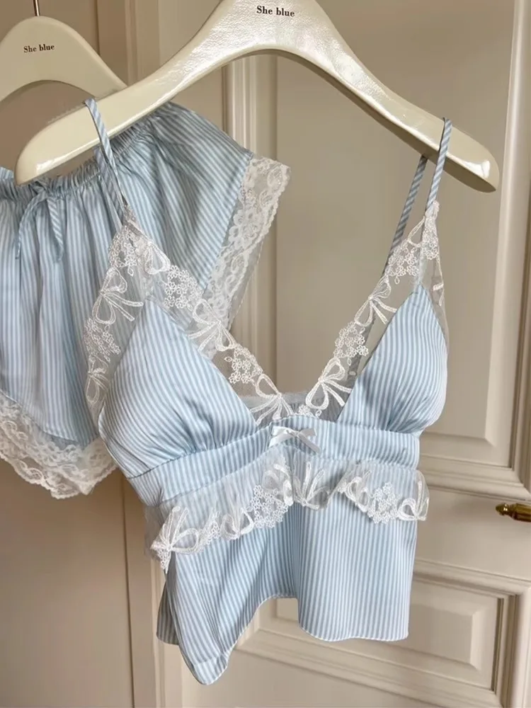 

2025 Summer New Sexy Strap Ice Silk Spwear Women's Lace Blue Stripe Home Clothes V-ne ort Sve Comfortable