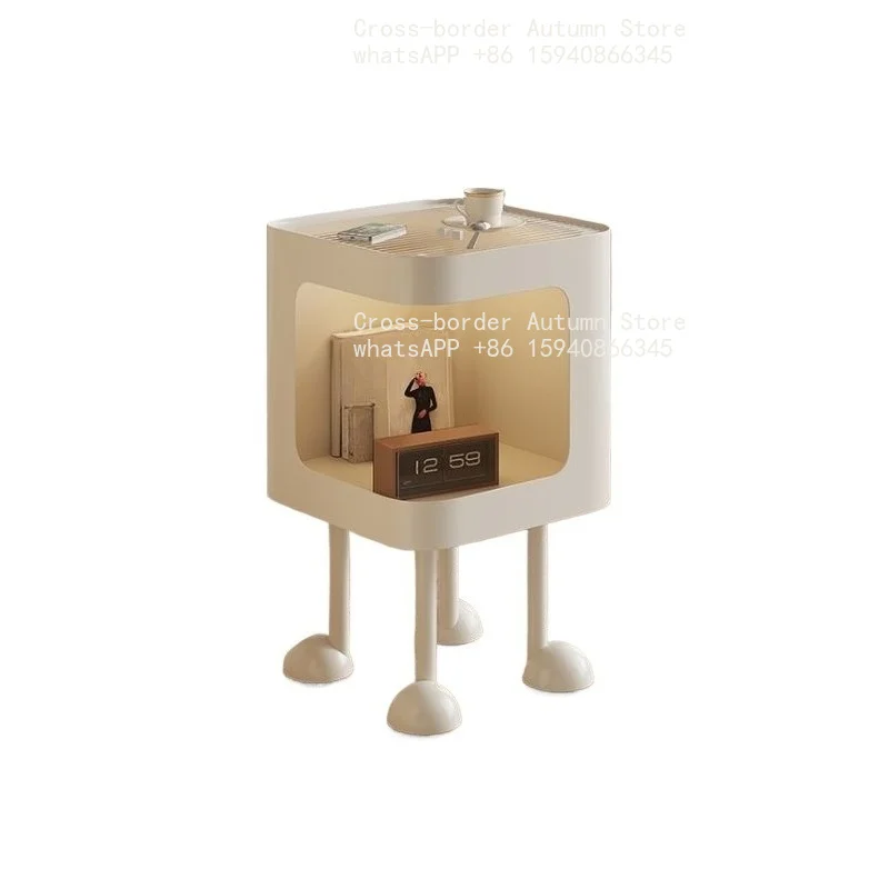 Cute cream bedside table tempered glass with lamp household bedroom side cabinet shelf coffee table