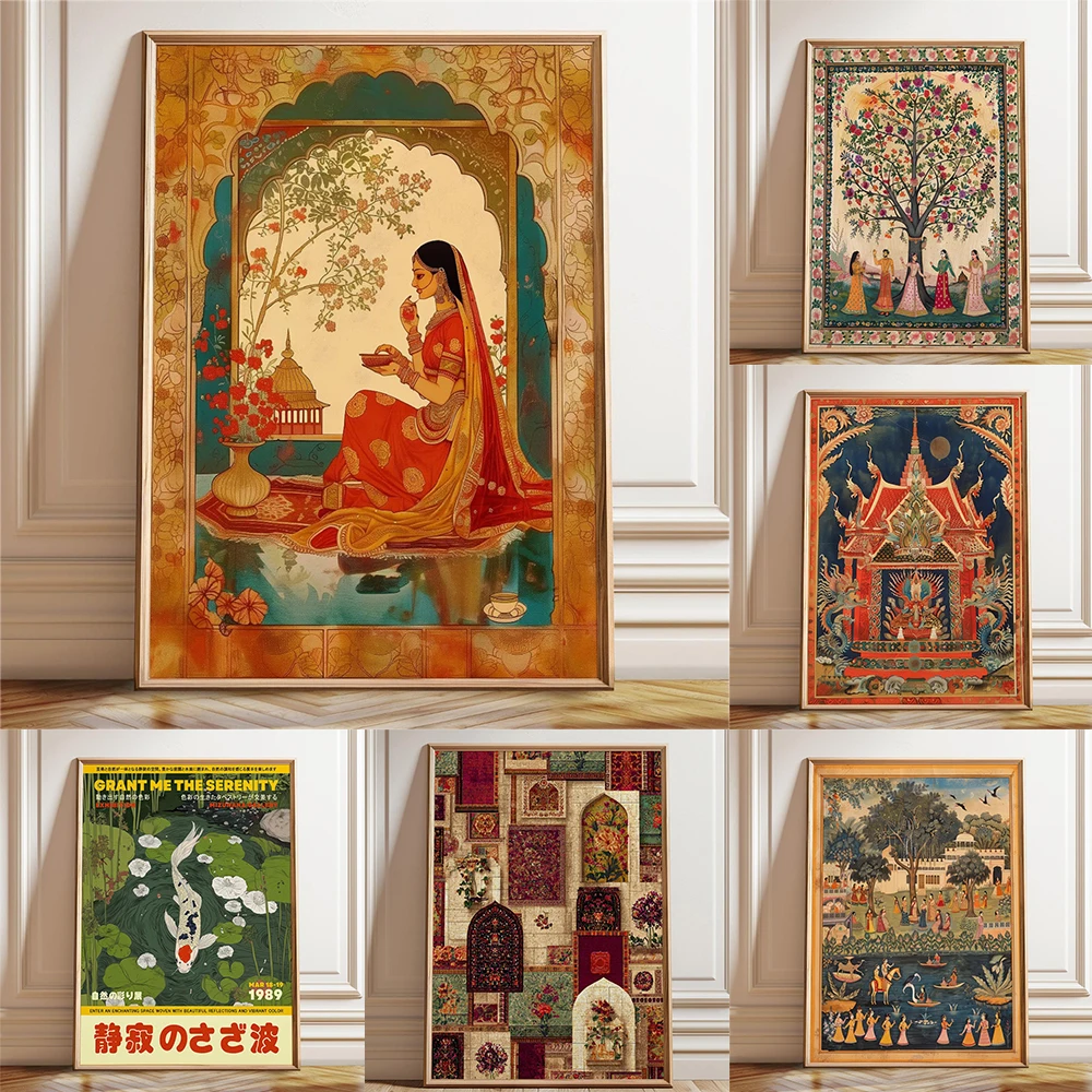 Thai Temple Art Poster Mythical Creatures Illustration Art Prints Mughal Arch Collage Poster Bohemian Canvas Painting Decor