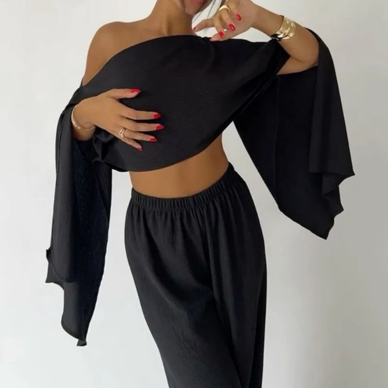 

Women's Elegant Sheer Tops Solid Color Bat Sleeve Off One Shoulder T-Shirt Chiffon Shirts for Summer Beach Coverups
