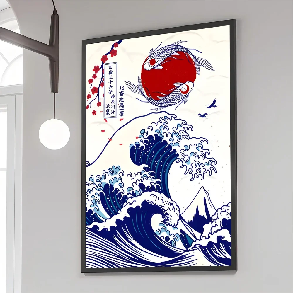 1pc Vintage Great Wave Off Kanagawa Art Poster Movie Sticky Retro Kraft Paper Sticker Room Bar Cafe Aesthetic Art Wall Painting