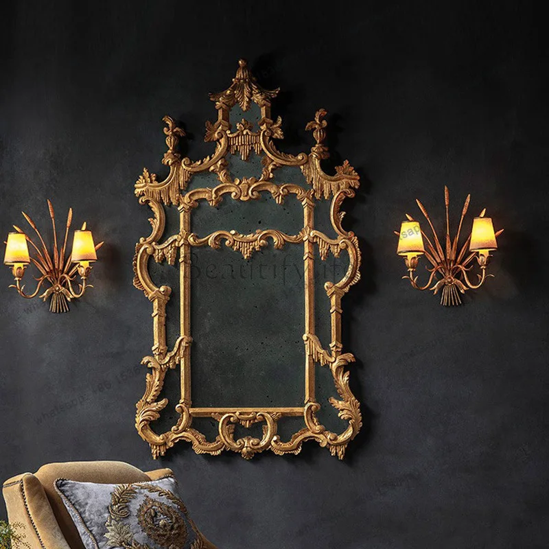

European retro high-end carved makeup mirror wall hanging living room fireplace classical French decorative mirror