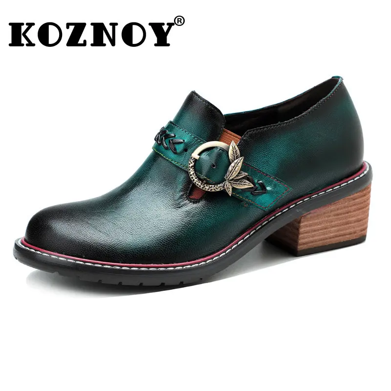 

Koznoy Female Shoes 3cm Sheepskin Leather Women Platform Ethnic Summer Luxury Plus Size Low Heels Ladies Buckle British Style