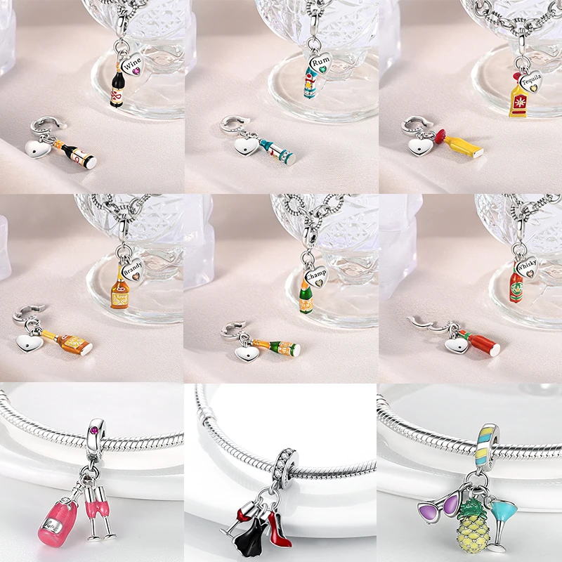 Heißer Kaffeetasse 925 Sterling Silber Bunte Weinflasche Weinglas Charm Anhänger Original Passend Für Frauen DIY Schmuck Mädchen Charms – Detail 4