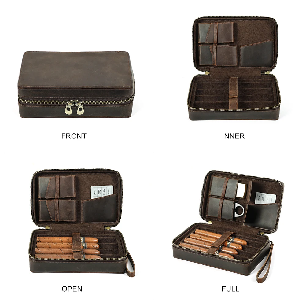 Vintage Genuine Leather Cigar Humidor Box Travel Storage Case for 4 Cigars Accessories Lighter Cigar Cutter Humidifier Bag