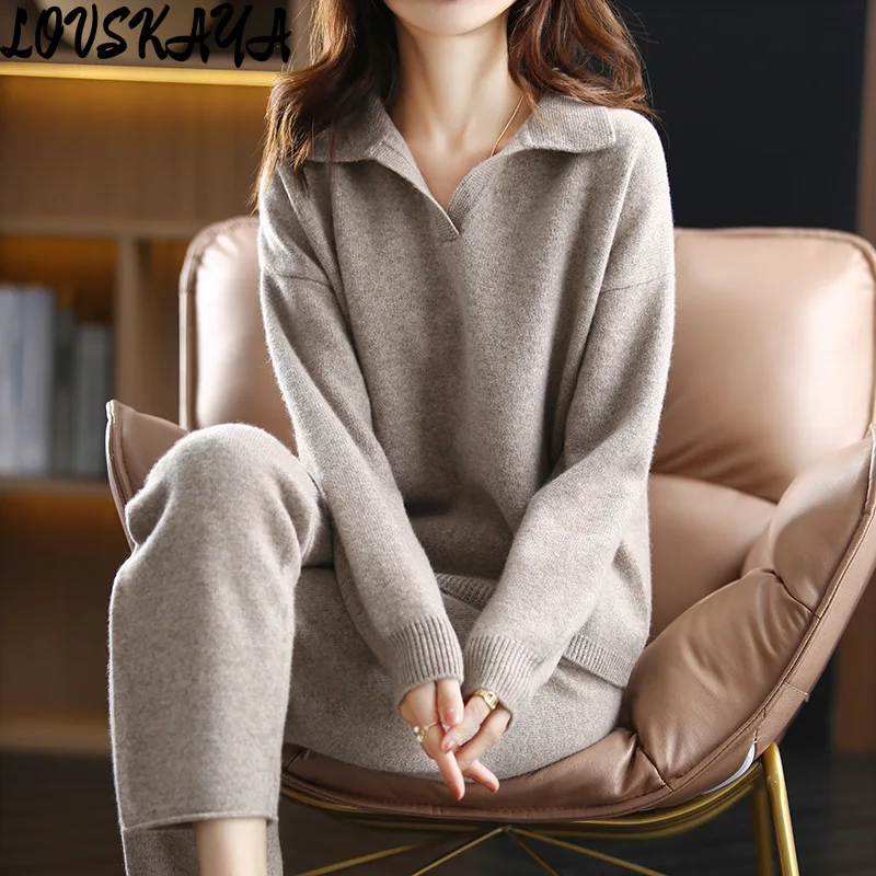 

New solid color polo neck sweater two-piece set Korean version loose casual fashion knitted wide leg pants set