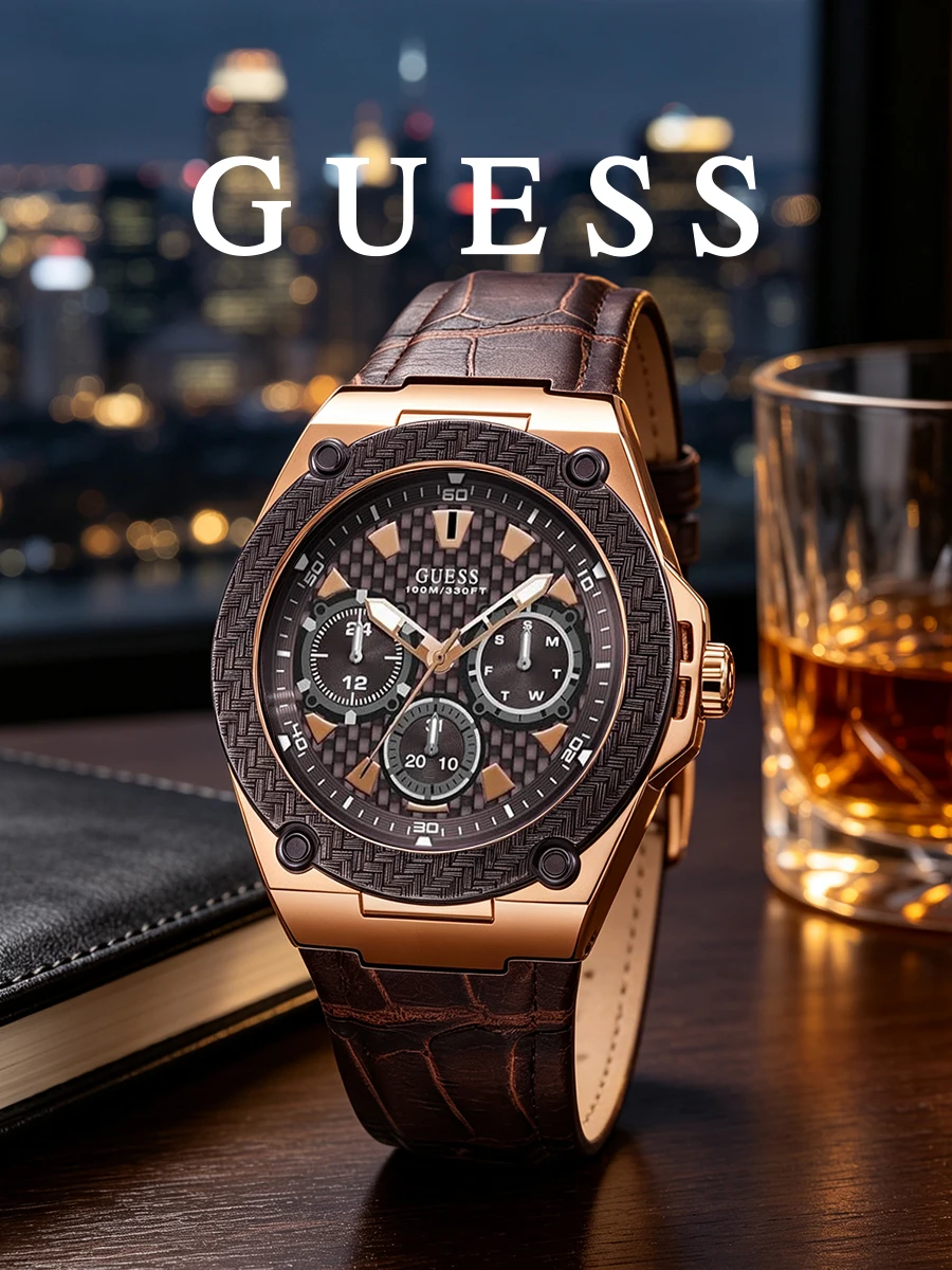 Reloj Guess para hombre, correa de cuero marrón, tono oro rosa, cronógrafo, reloj de pulsera de cuarzo, esfera texturizada, oficina de negocios, reuniones formales