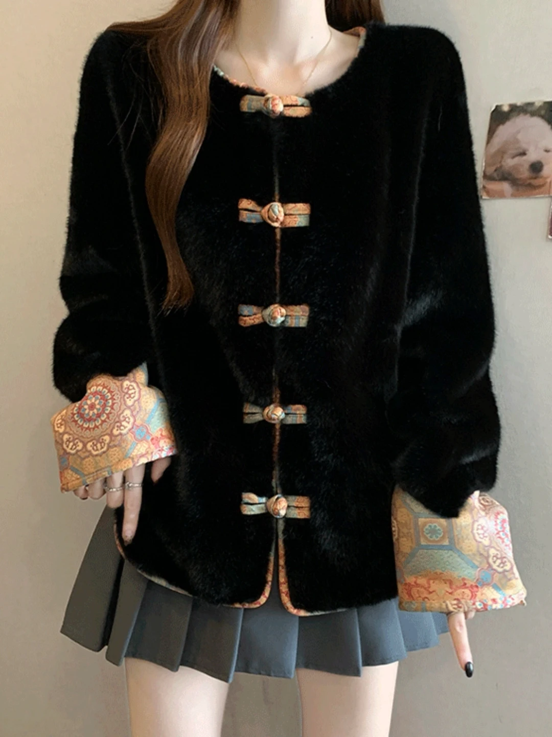 Women's plus Size Fur Collar Cardigan Coat Spring Autumn Traditional Chinese Style Button up Outerwear Full Sleeve round Neck