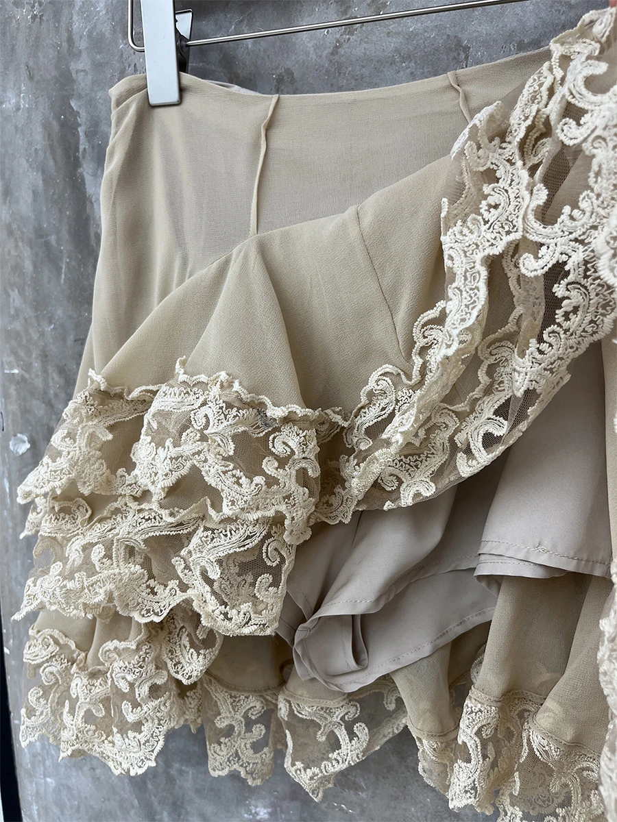 VGH Solid Spliced Sheer Mesh Two Piece Set for Women Lapel Long Sleeve Top Patchwork Lace Tiered Mini Skirt Summer Outfit Female
