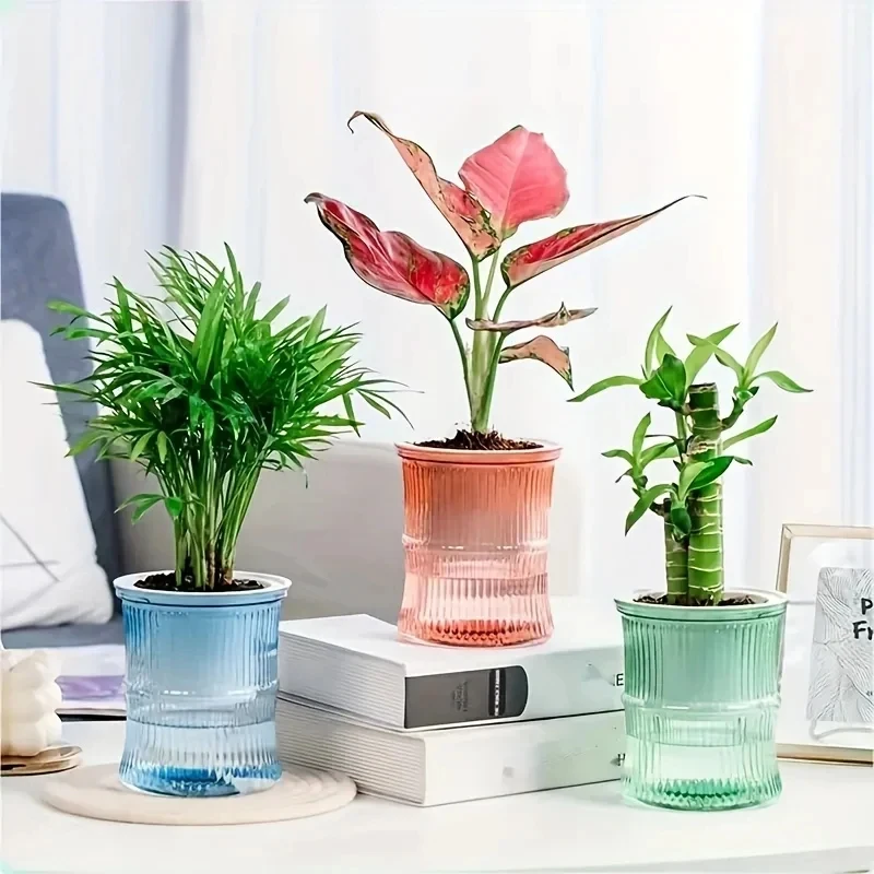 Transparent Double Layer Self Watering Planter Lazy Hydroponic Flower Pot Office Plastic Plant Container